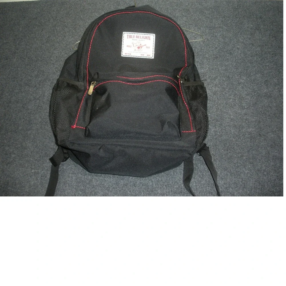True Religion World Tour Backpack Black Canvas Red Contrast Stitch Logo Patch
